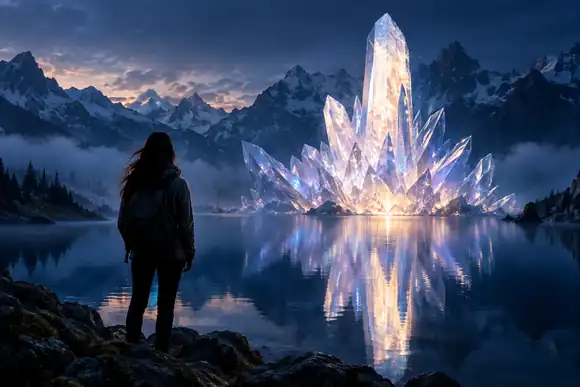 Une personne face à un reflet cristallin lumineux de l'autre côté d'un lac bleu sombre