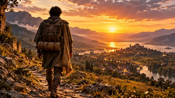 Un voyageur solitaire retournant dans une vallée dorée au crépuscule, cadrage cinématographique d’aventure