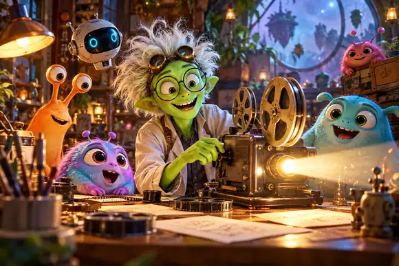 Un scientifique excentrique de dessin animé, vert, entouré de compagnons extraterrestres colorés dans un atelier
