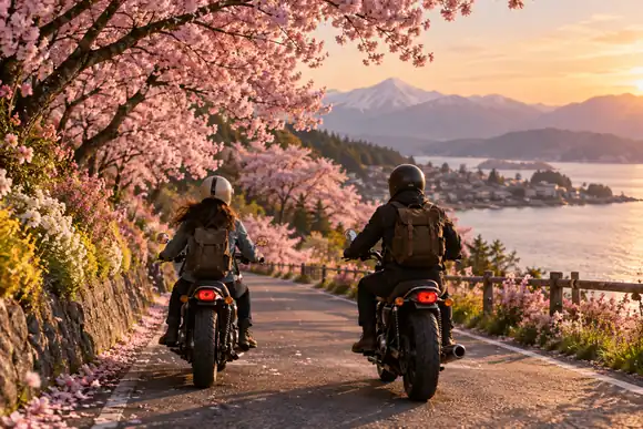 Deux cavaliers voyageant le long d’une route bordée de fleurs sous des arbres roses au printemps