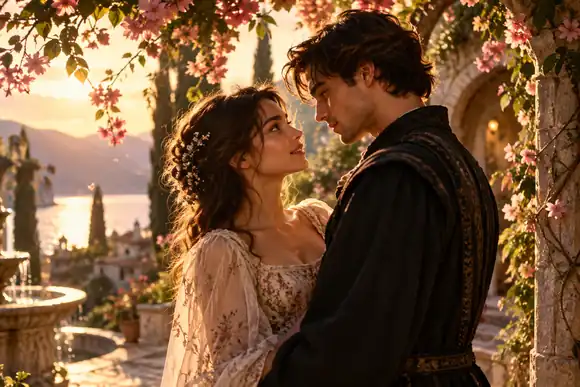 Deux jeunes amoureux se retrouvant sous des branches fleuries dans une cour romantique illustrée