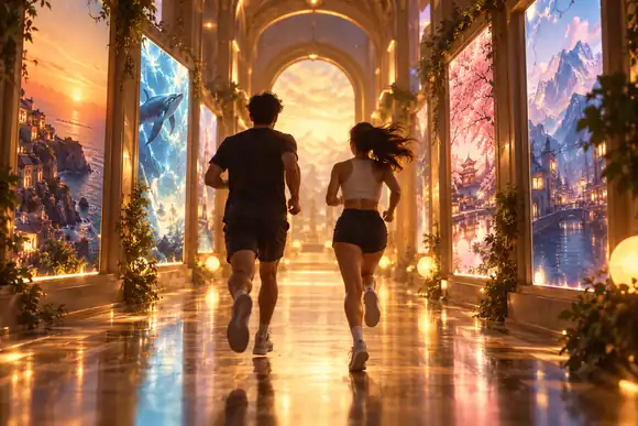 Deux coureurs traversant un couloir chaleureux et onirique rempli d'affiches lumineuses