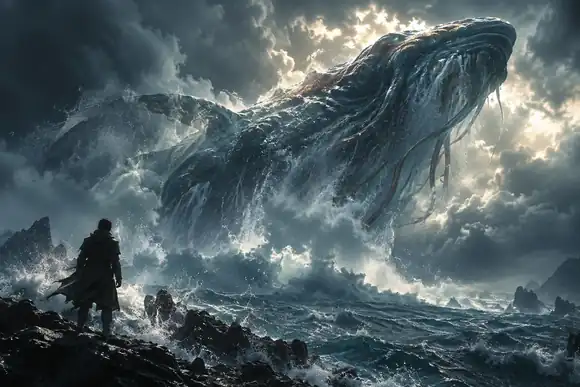 Une créature marine gigantesque émergeant à travers des nuages d’orage et les embruns d’un océan sombre
