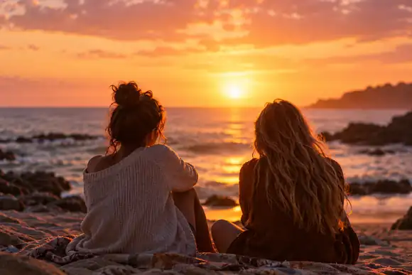 Deux amis partageant un tendre souvenir en bord de mer au coucher du soleil, couleurs douces et chaudes, ambiance paisible