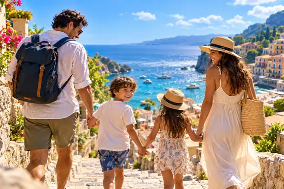 Une famille profitant de vacances colorées au bord de la mer sous un ciel d'un bleu éclatant