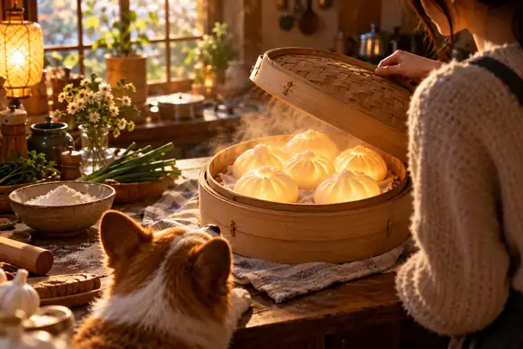 Un panier de brioches vapeur lumineuses dans une cuisine illustrée et chaleureuse, à l’ambiance accueillante