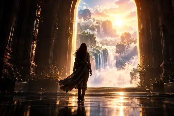 Une scène dramatique avec une porte lumineuse et un personnage en silhouette