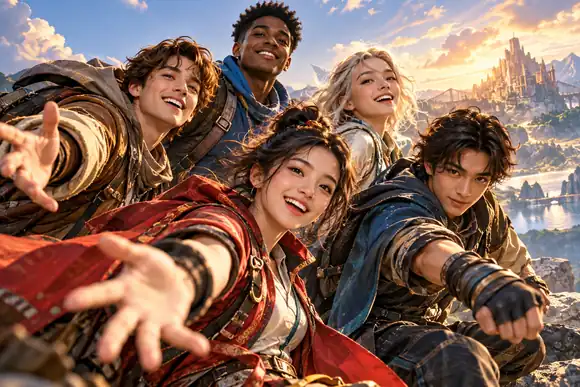 Un groupe coloré de jeunes héros prenant la pose sur une affiche d'action pleine de vie