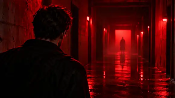Un jeune homme regardant au bout d’un couloir rouge et ombragé dans une scène de thriller psychologique