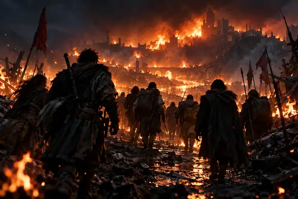 Une foule de survivants traversant un champ de bataille en flammes, de nuit, sur une affiche de cinéma intense