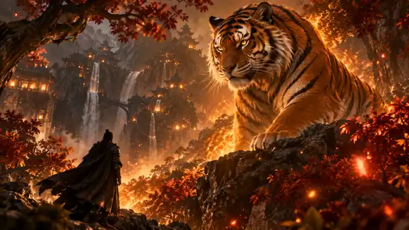 Un majestueux tigre gardien dans une forêt fantastique éclairée par des braises, cadrage dramatique de bande-annonce