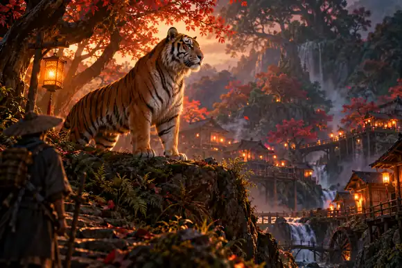 Un tigre courageux gardant un petit village dans une forêt fantastique éclairée par les braises
