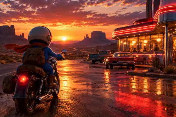 Un voyageur de dessin animé bleu avance à côté d’un restaurant routier lumineux au coucher du soleil