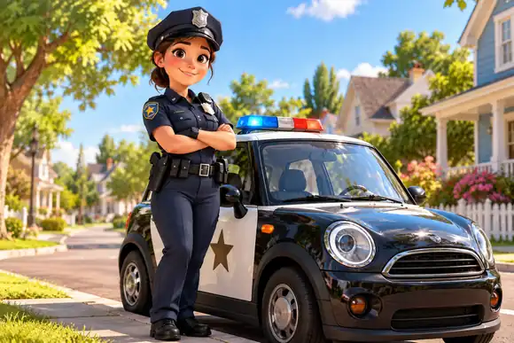 Un sympathique policier de dessin animé près d’une petite voiture de patrouille dans une rue résidentielle ensoleillée