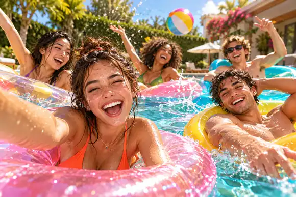 Des amis de dessin animé hauts en couleur flottant dans une fête au bord d’une piscine ensoleillée, composition d’affiche ludique
