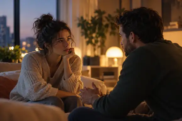 Un jeune couple confronté à une conversation difficile dans une pièce moderne doucement éclairée