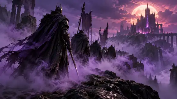 Une file de guerriers spectraux marchant dans une brume violette au cœur d'un paysage de fantasy sombre