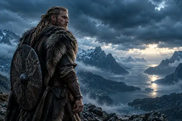 Un guerrier viking marqué par le temps se tient sous de lourds nuages bleus et devant des montagnes lointaines