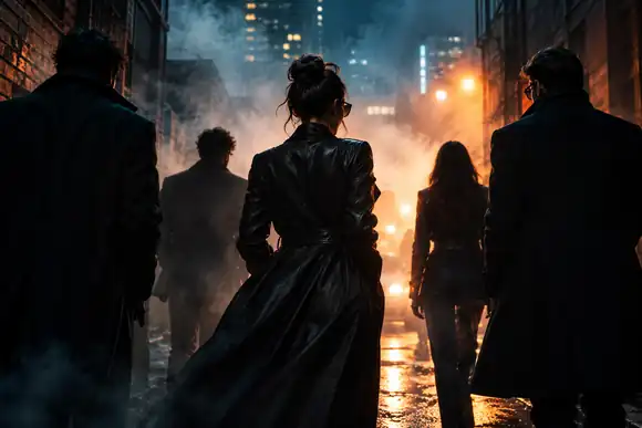 Un groupe de silhouettes élégantes debout dans une ruelle urbaine enfumée, cadrage d’affiche de thriller incisif